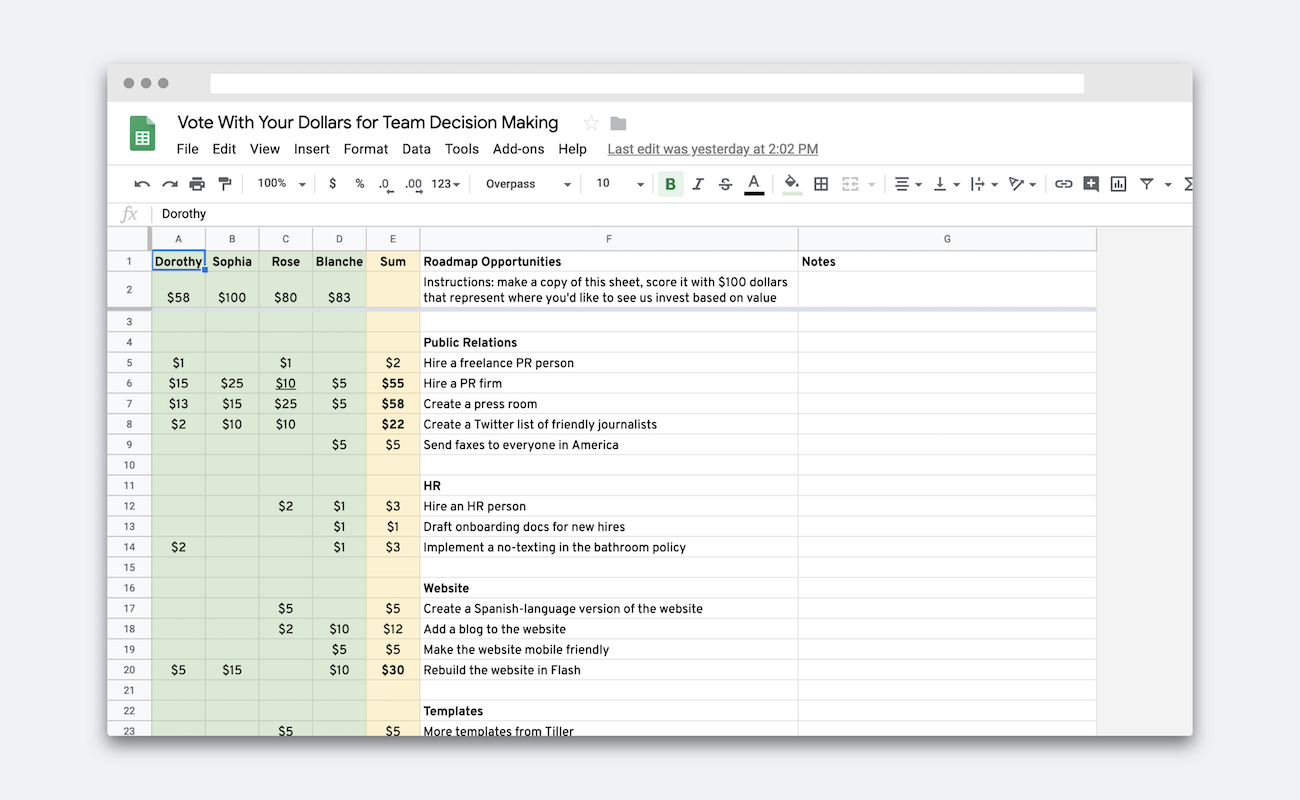 $100 Test in a Spreadsheet