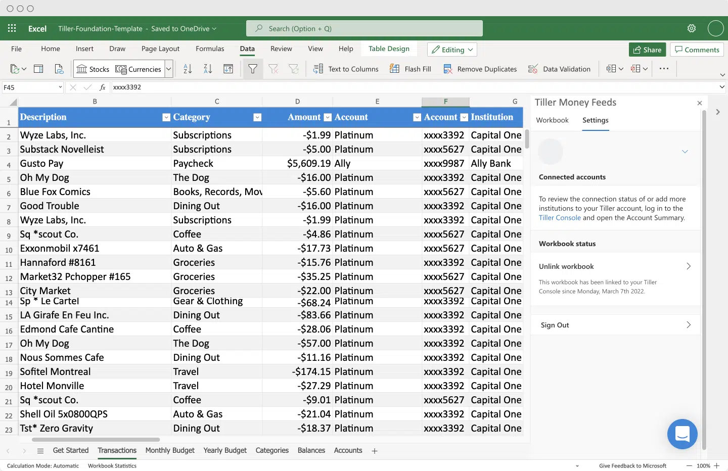 tiller foundation template 2022 microsoft excel transactions simple browser