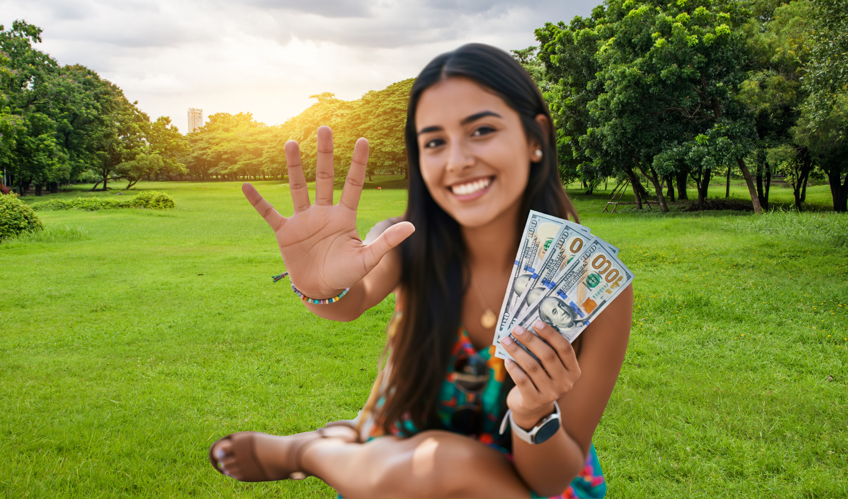 An AI generated woman with long brown hair holding up her hand to show all 5 fingers. Has money in her other hand.