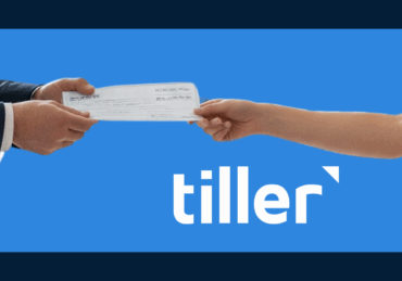 A man handing a paycheck to a young person with tiller logo