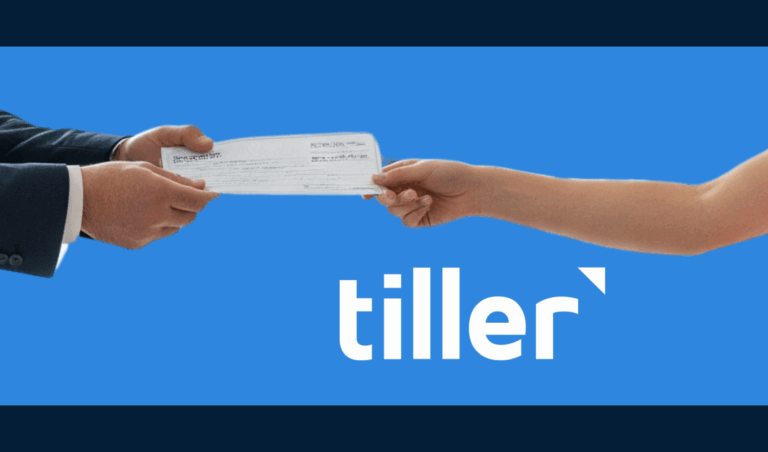 A man handing a paycheck to a young person with tiller logo