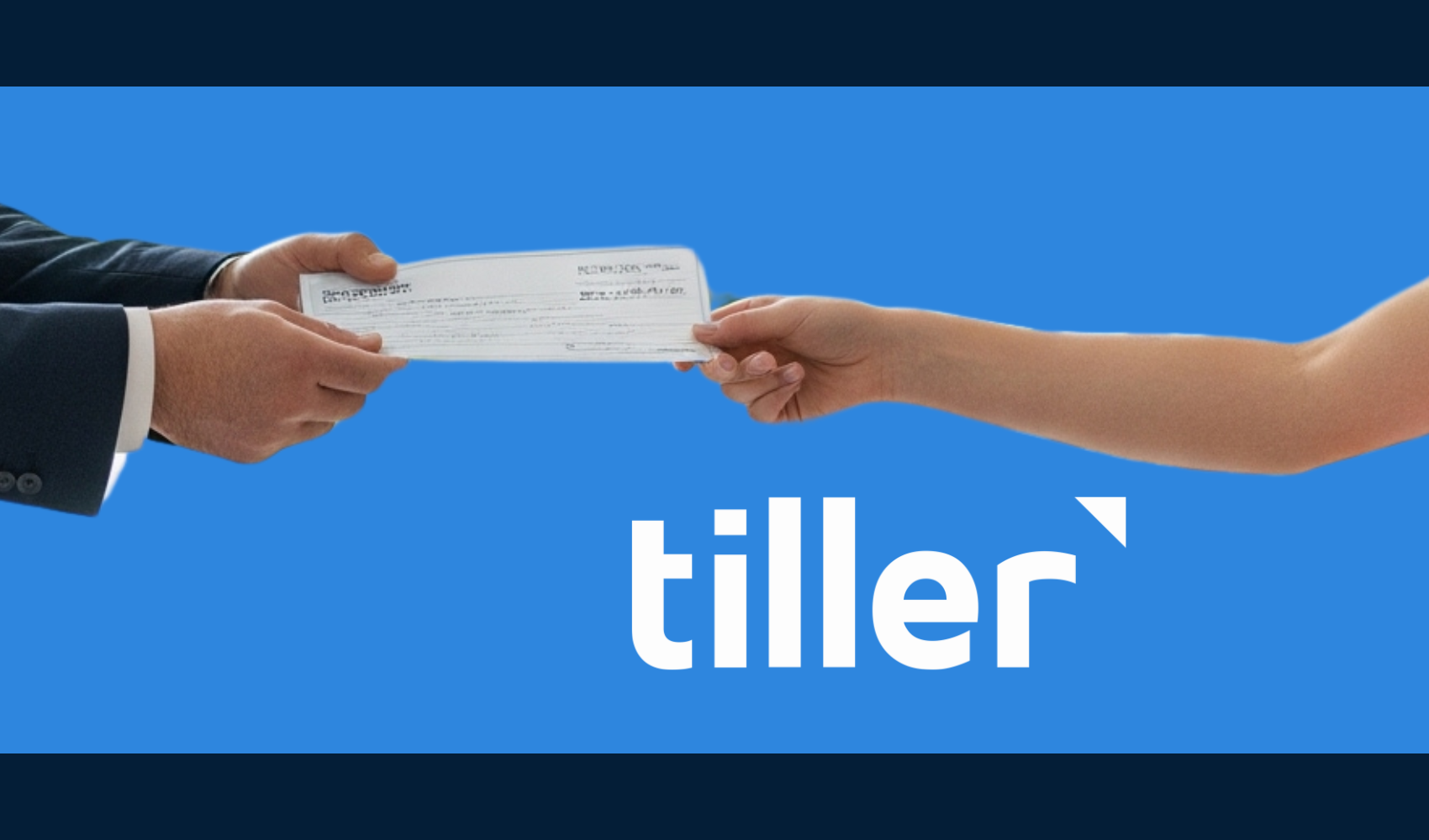 A man handing a paycheck to a young person with tiller logo