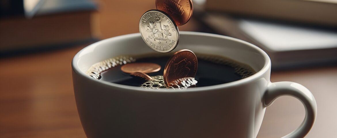 Coins dropping in a coffee cup ai generated