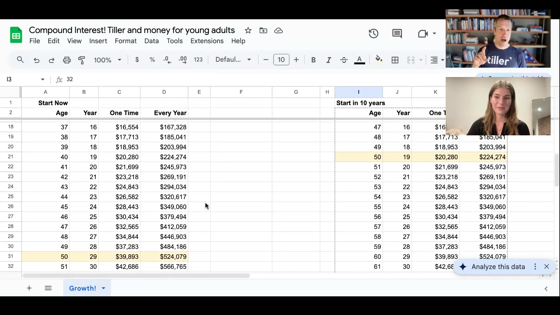 screenshot of Google Sheets spreadsheet with image of peter and elenor on the video