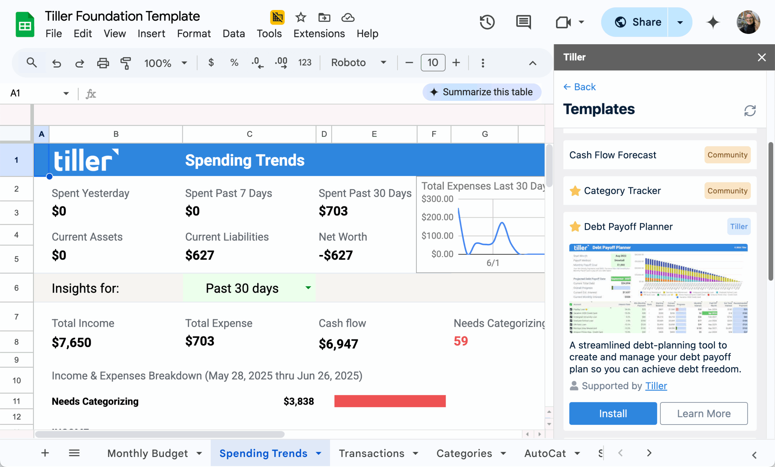 Install Debt Payment Planner from sidebar in Tiller scaled
