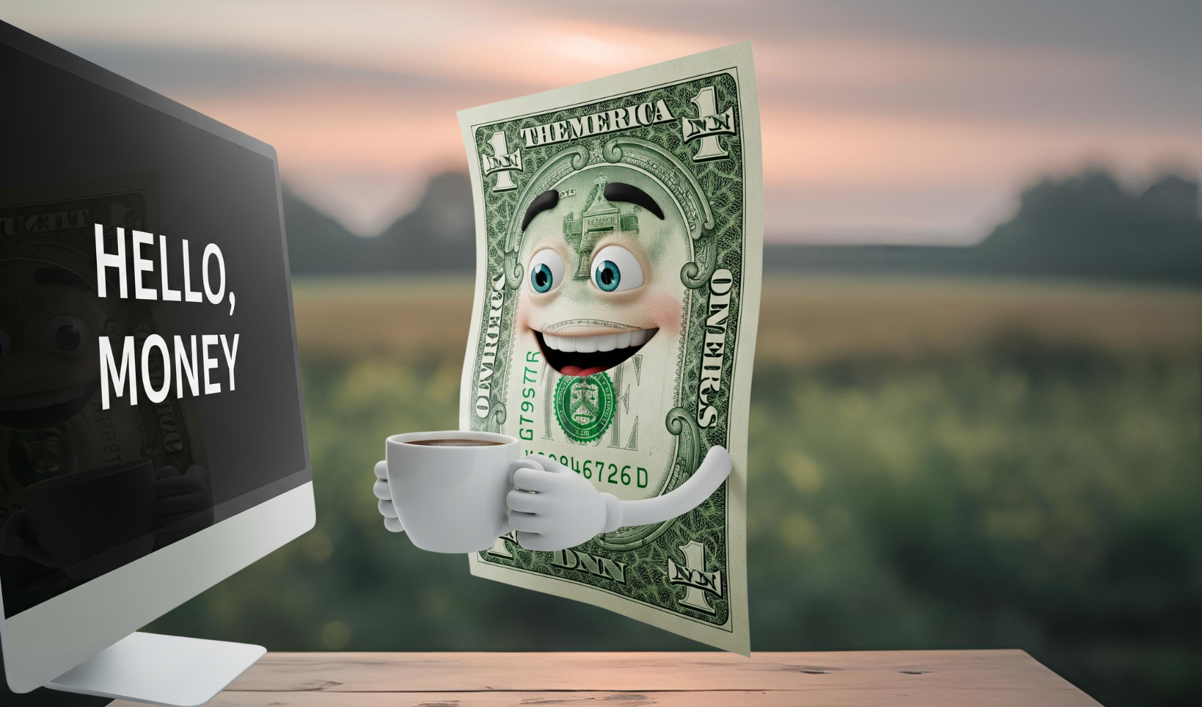 A dollar bill having some coffee in front of a computer that says Hello, Money