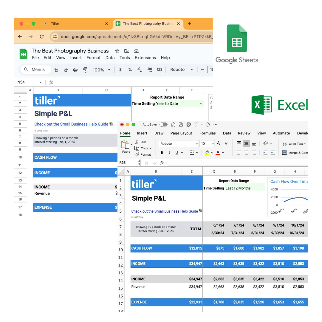 Untitled design 6 Two screenshots of Tiller's simple P&L template, one from Google Sheets and one from Excel