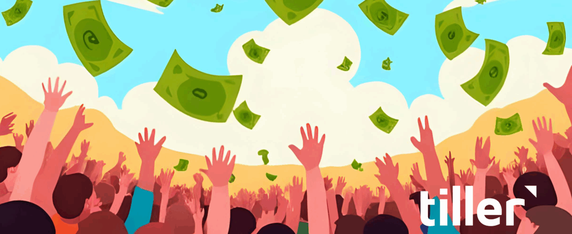 crowd of people catching money from the sky
