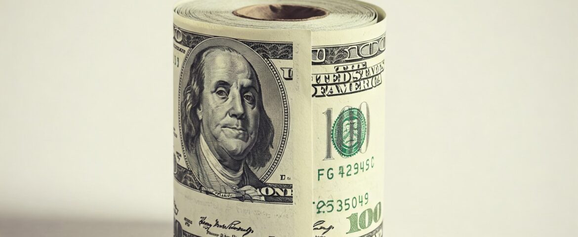 Roll of hundred dollar bills like a toilet paper roll. 