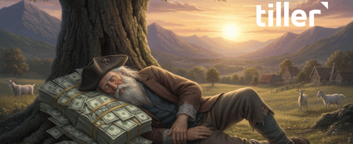 Rip Van Winkle on a bed of dollar bills
