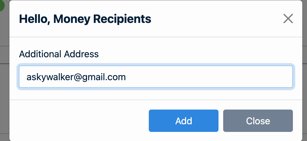 screenshot of additional address field for adding recipients to hello money
